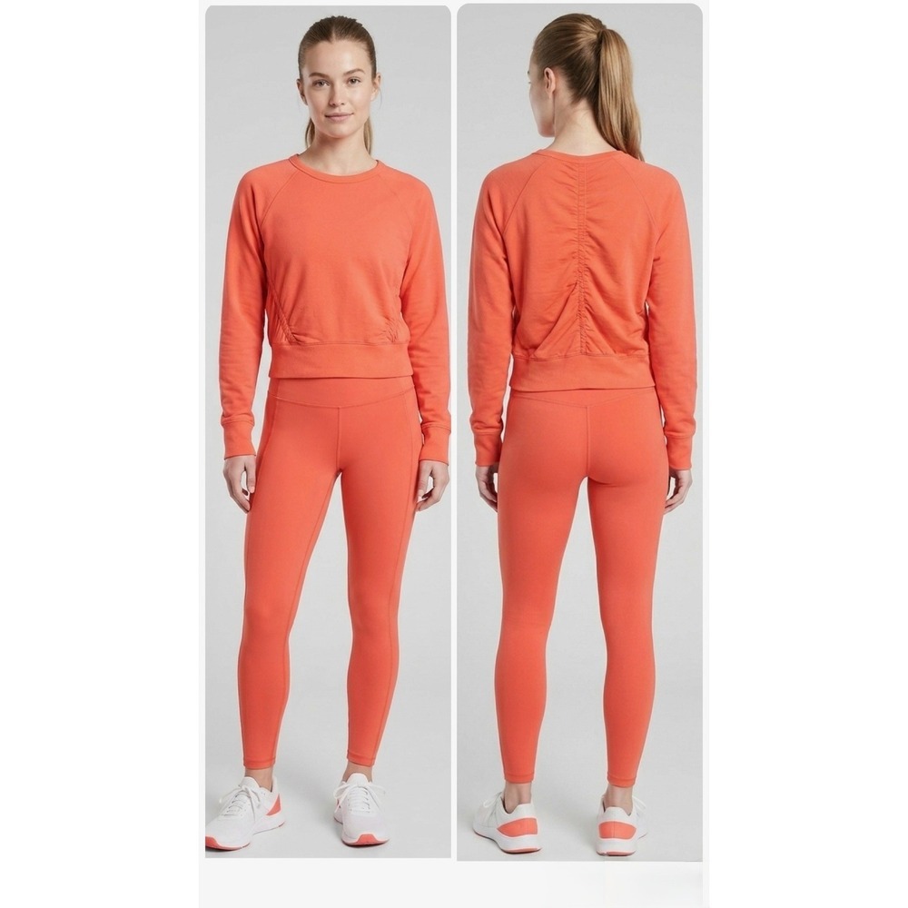 Athleta Sundown Ruched Sweatshirt Orange Pullover Crew Neck Size S